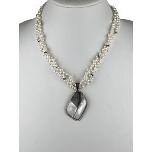 LUC Sterling Silver Necklace Double Strand 18.5" Real Pearl Abalone MOP Pendant